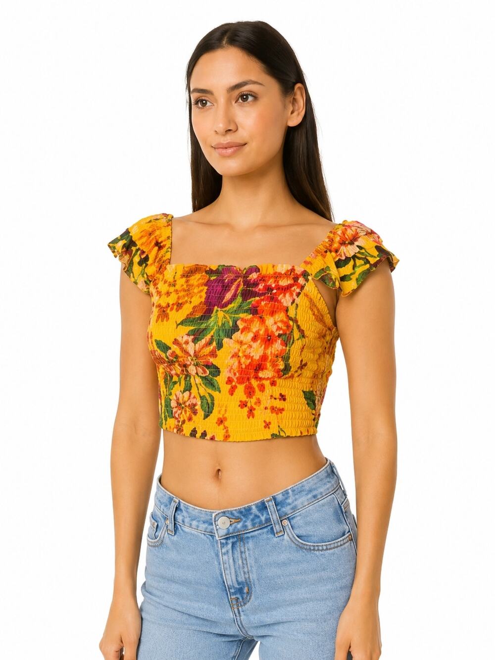 Rachel Roy Women's Off-Shoulder Smocked Floral Crop Top –Size Small